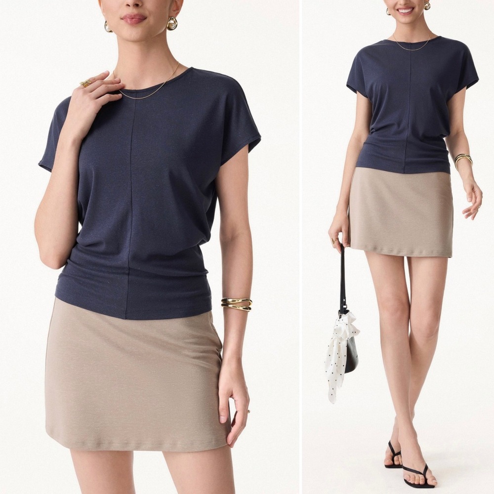 OGL Move Smoky Navy Linen-Blend Round Neck Relaxed Summer Top Large NWT